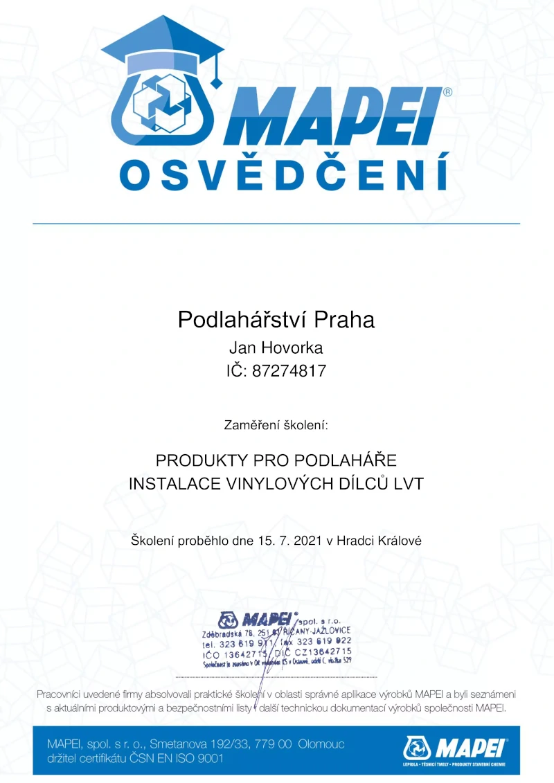 Certifikát Podlahářství Praha